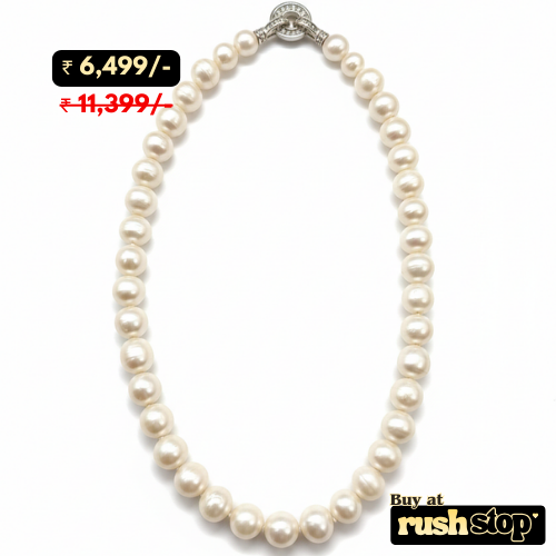 Handcrafted natural freshwater pearl necklace with creamy ivory 10mm pearls and gold-toned barrel clasp