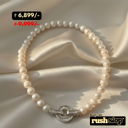Luminous Handcrafted Freshwater Pearl Necklace with Crystal-Studded Toggle Clasp