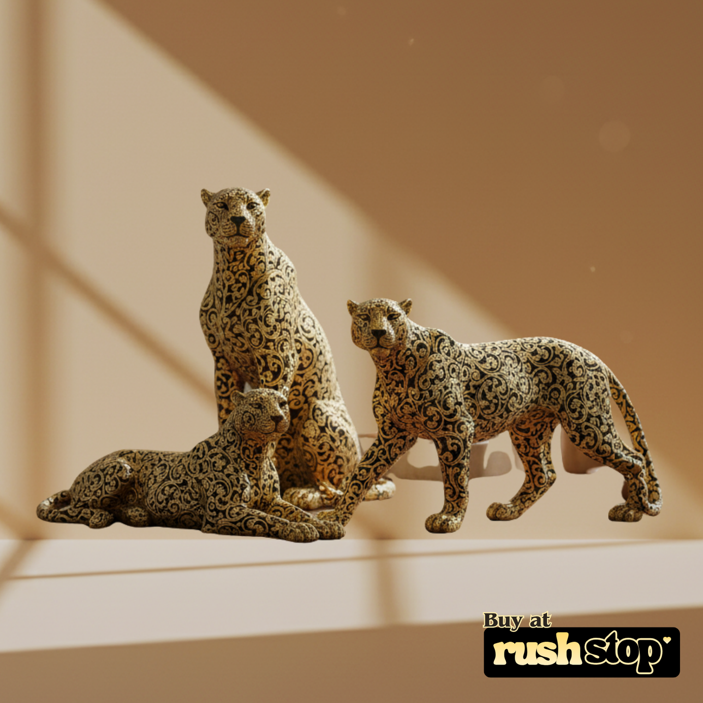 Luxury golden panther showpiece, designer resin sculpture, handcrafted decor India, premium resin decor India – Rush Stop, free shipping home decor India.