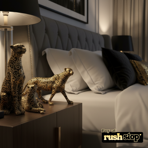 Luxury golden panther showpiece, designer resin sculpture, handcrafted decor India, premium resin decor India – Rush Stop, free shipping home decor India.