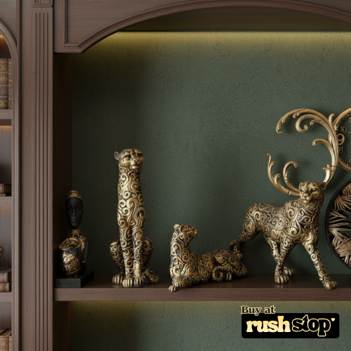 Luxury golden panther showpiece, designer resin sculpture, handcrafted decor India, premium resin decor India – Rush Stop, free shipping home decor India.