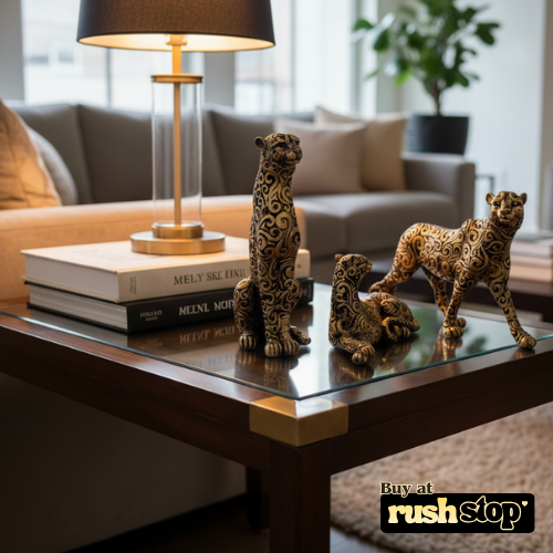 Luxury golden panther showpiece, designer resin sculpture, handcrafted decor India, premium resin decor India – Rush Stop, free shipping home decor India.