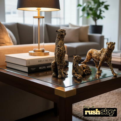 Luxury golden panther showpiece, designer resin sculpture, handcrafted decor India, premium resin decor India – Rush Stop, free shipping home decor India.