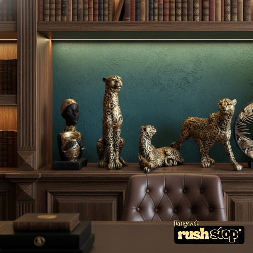 Luxury golden panther showpiece, designer resin sculpture, handcrafted decor India, premium resin decor India – Rush Stop, free shipping home decor India.