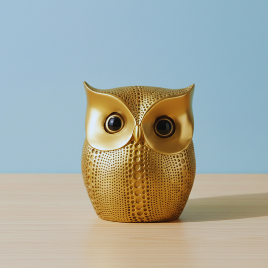 Gold owl-shaped decorative item on a wooden surface with a light blue background