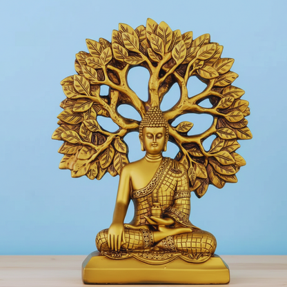 Gold Buddha statue with tree of life design against a blue background