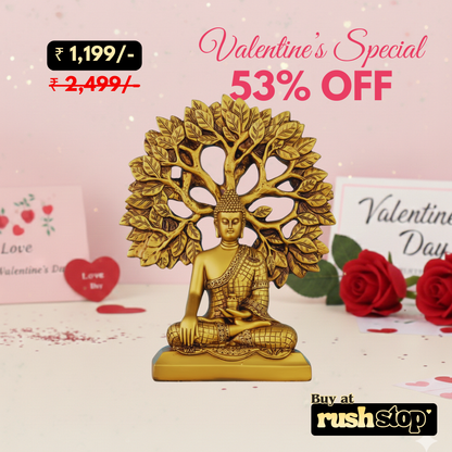 Mishtukocrafts Golden Meditating Buddha Under Bodhi Tree