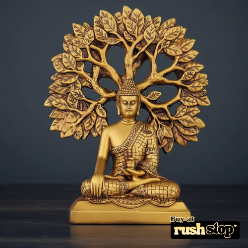 Golden meditating Buddha statue under Bodhi tree decor