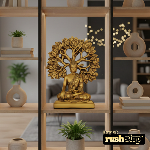 Golden meditating Buddha statue under Bodhi tree decor