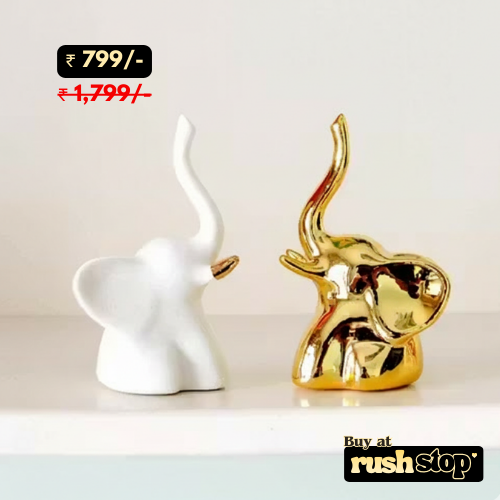 Modern Artistic Elephant Trunk Up Statue – Set of 2