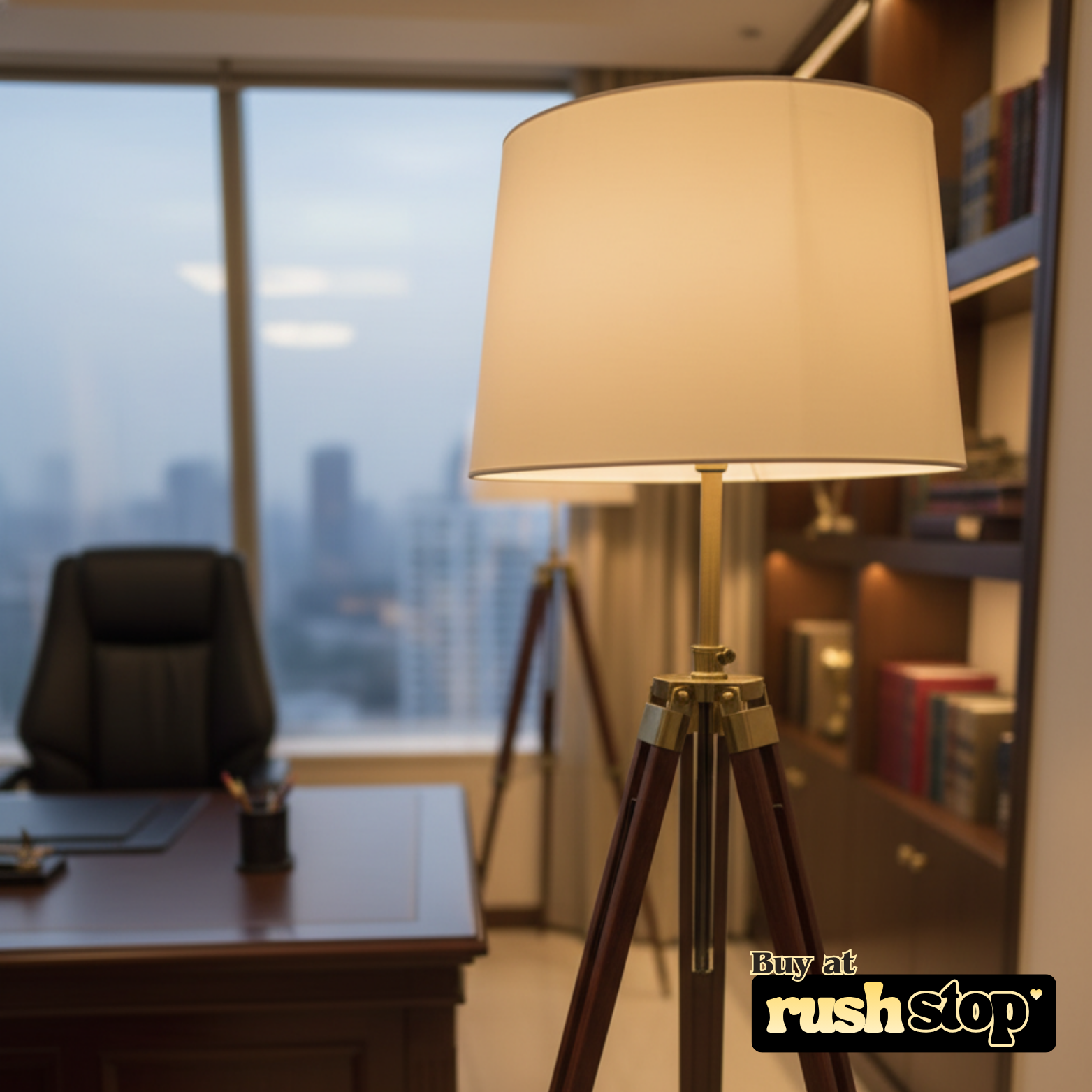 Rush Stop nautical wooden tripod lamp photographed on white.