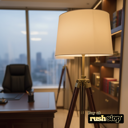 Rush Stop nautical wooden tripod lamp photographed on white.