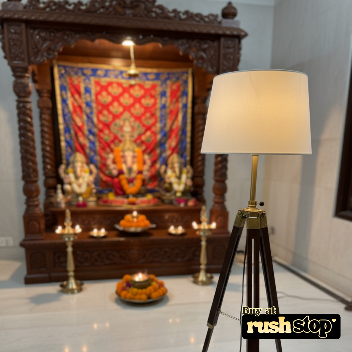 Rush Stop nautical wooden tripod lamp photographed on white.