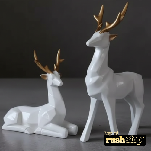 Modern geometric hiran figurines in matte white resin with gold antlers