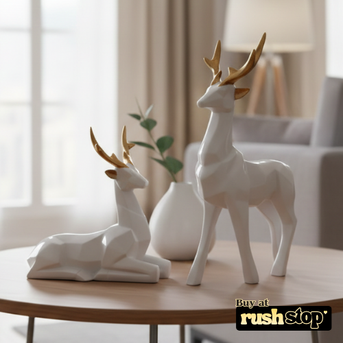 Modern geometric hiran figurines in matte white resin with gold antlers