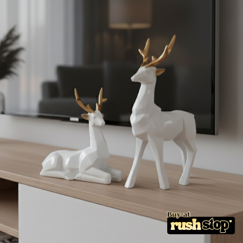 Modern geometric hiran figurines in matte white resin with gold antlers