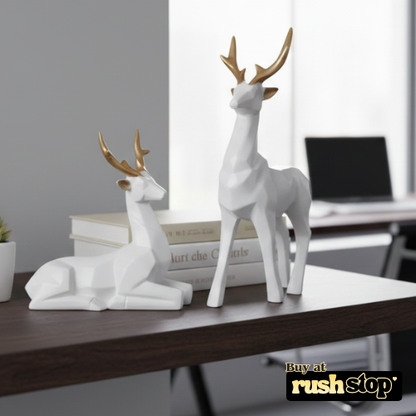 Modern geometric hiran figurines in matte white resin with gold antlers