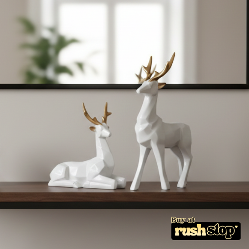 Modern geometric hiran figurines in matte white resin with gold antlers
