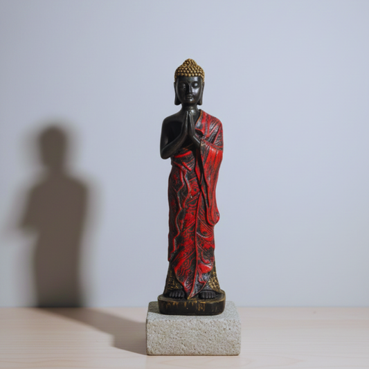 Statue of a figure in a red robe on a gray surface with a white background