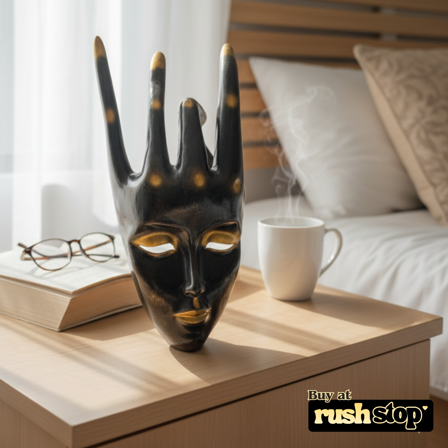 Designer resin sculpture Hand Mundra Zen Face, luxury resin figurine, handcrafted decor India – Rush Stop, free shipping home decor India.