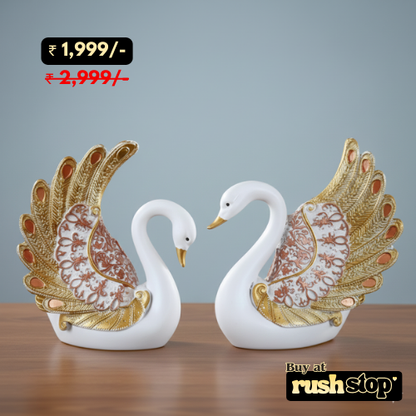 Royal golden feathered swan pair handcrafted decor