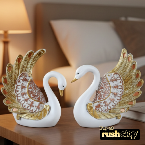 Royal golden feathered swan pair handcrafted decor