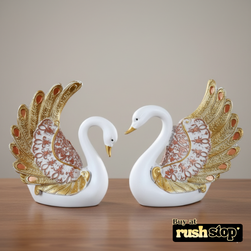 Royal golden feathered swan pair handcrafted decor