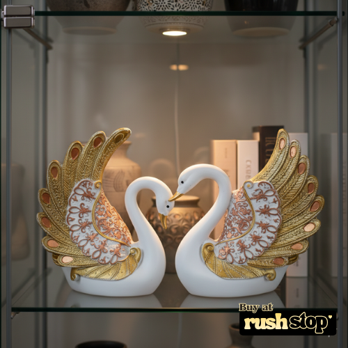 Royal golden feathered swan pair handcrafted decor