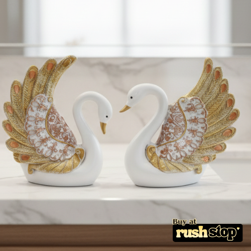 Royal golden feathered swan pair handcrafted decor