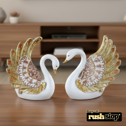 Royal golden feathered swan pair handcrafted decor