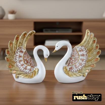 Royal golden feathered swan pair handcrafted decor