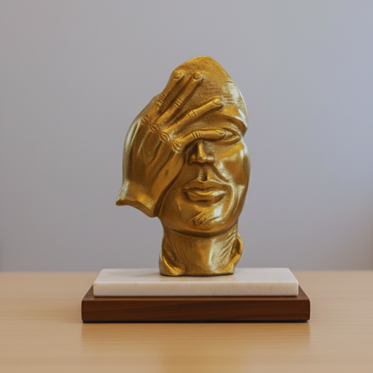 Gold sculpture of a face with a hand on its head on a wooden base against a gray background