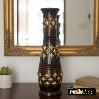Traditional Wood & Gold Geometric Floor Vases