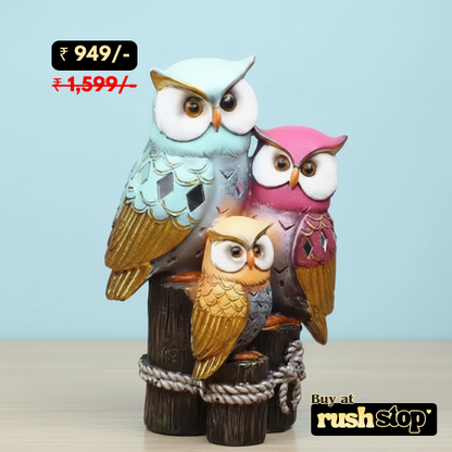 Whimsical Colorful Owl Family Trio