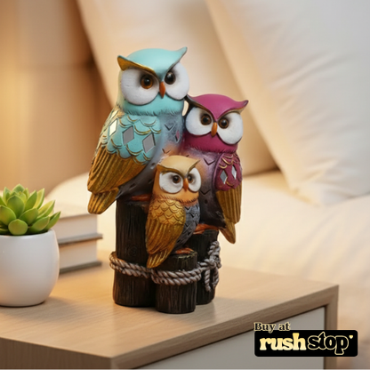 Colorful owl family trio resin figurine with blue pink and orange finish
