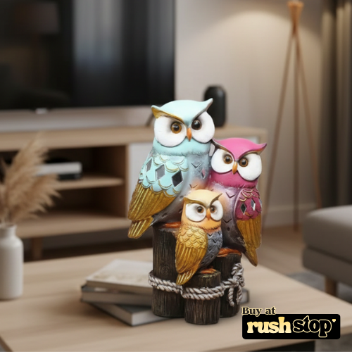 Colorful owl family trio resin figurine with blue pink and orange finish