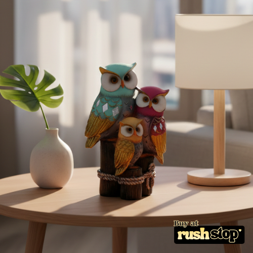 Colorful owl family trio resin figurine with blue pink and orange finish