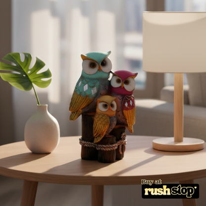 Colorful owl family trio resin figurine with blue pink and orange finish