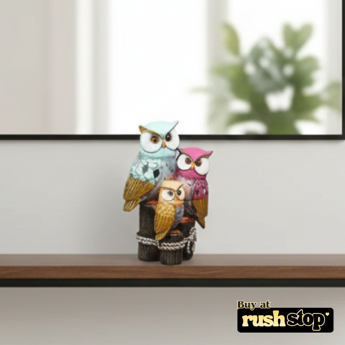Colorful owl family trio resin figurine with blue pink and orange finish
