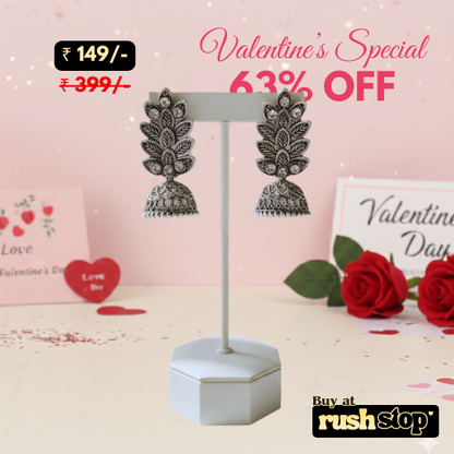 Antique Oxidized Silver Leaf-Pattern Jhumka Earrings – Elegant Ethnic Dangler Set