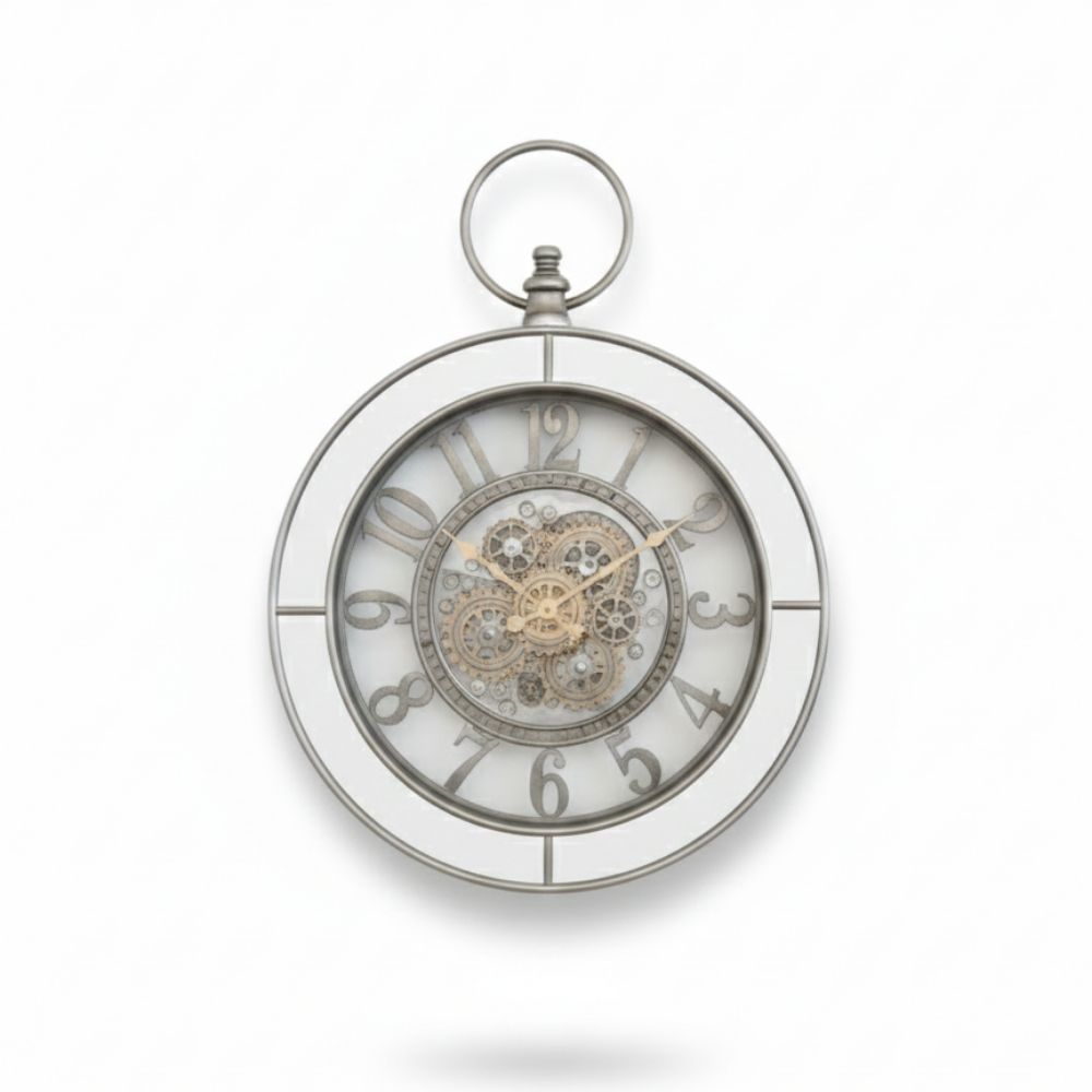 Silver pocket watch with detailed mechanism on a white background