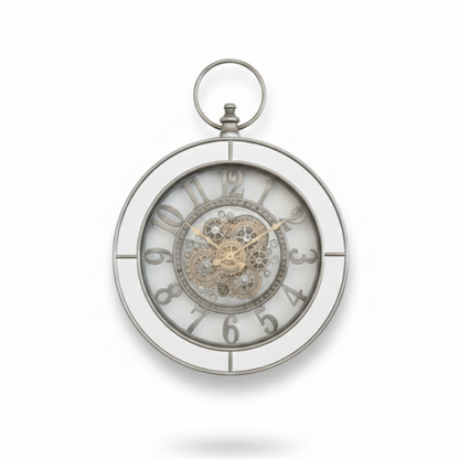 Silver pocket watch with detailed mechanism on a white background
