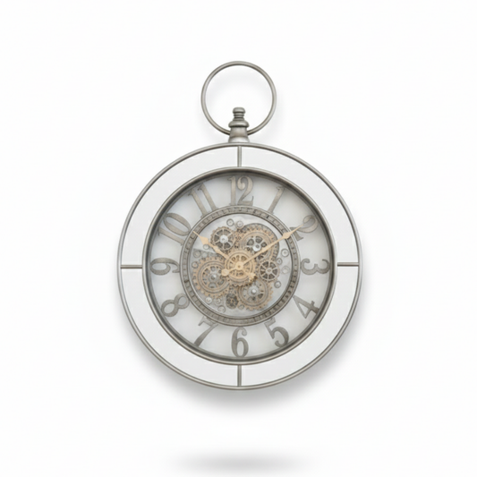 Silver pocket watch with detailed mechanism on a white background