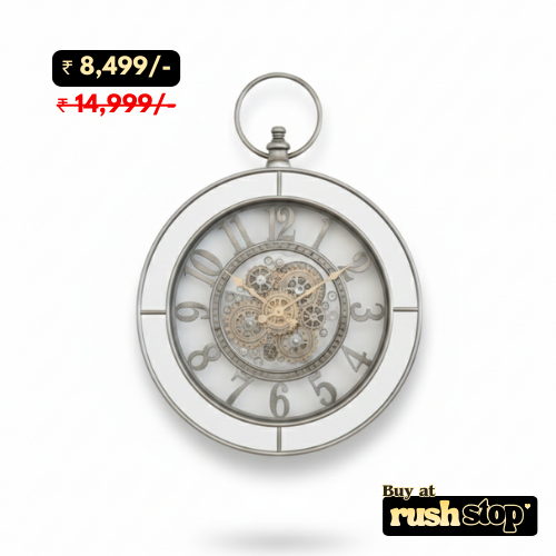 Antique steampunk gear wall clock with exposed skeleton dial and industrial design