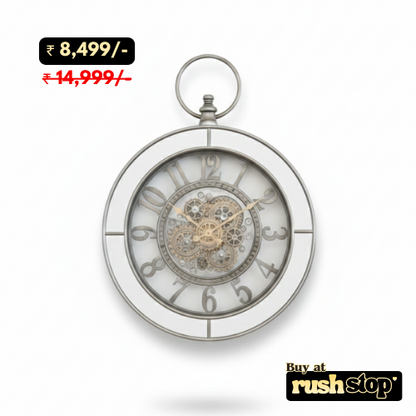 Antique steampunk gear wall clock with exposed skeleton dial and industrial design