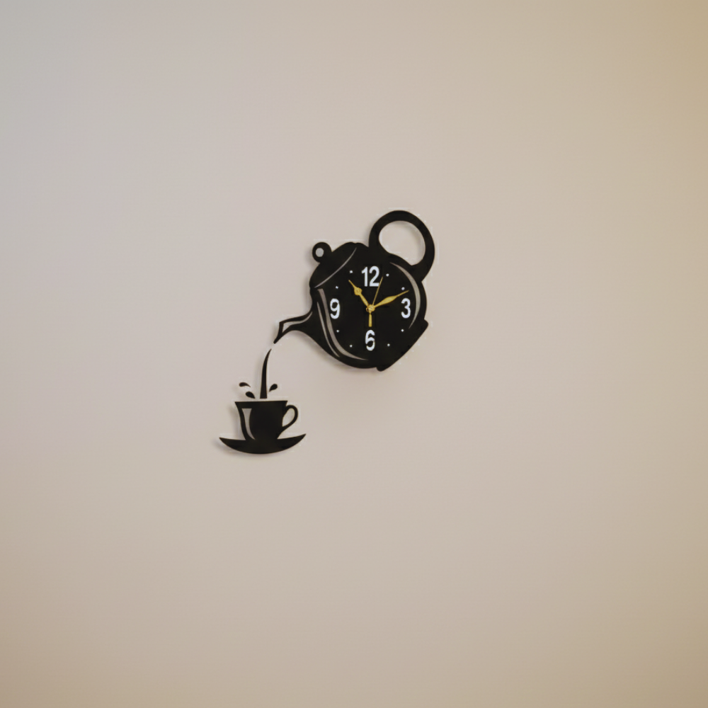 Wall clock designed like a teapot pouring into a cup on a plain wall.