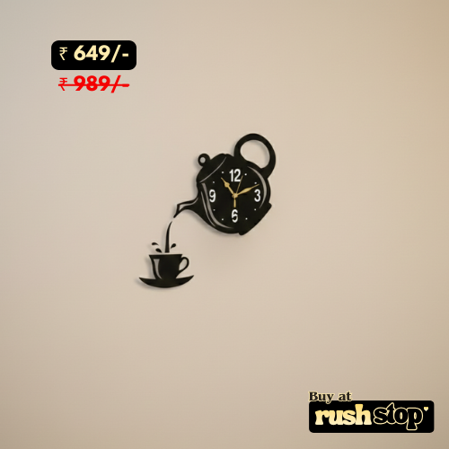 Wall clock design with a teapot and cup, priced at 649/- and 989/-, on a beige background with 'rushstop' branding.