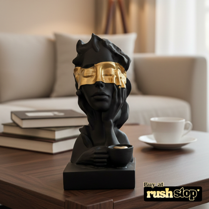 Handcrafted decorative bust statue set of three wise faces in matte black with gold accents for modern home decor