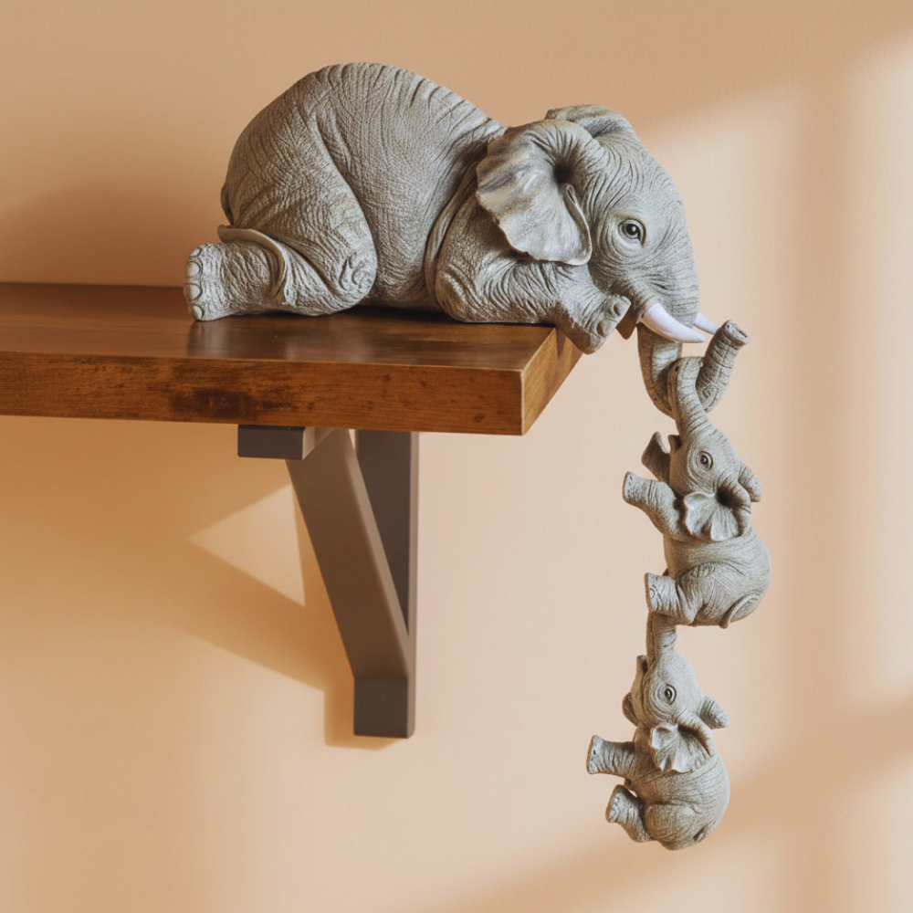 Decorative elephant shelf bracket with two smaller elephant figures on a wooden shelf against a beige wall.