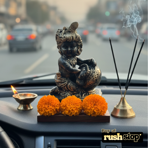 Handcrafted Bal Krishna Makhan Chor idol in antique gold polyresin for home decor